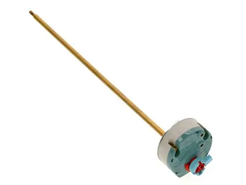Thermostat mit einem Metallrohr und einem Kunststoffgehäuse. Das Produkt beinhaltet Anschlüsse und ist für Heizungsanwendungen von Bosch konzipiert.